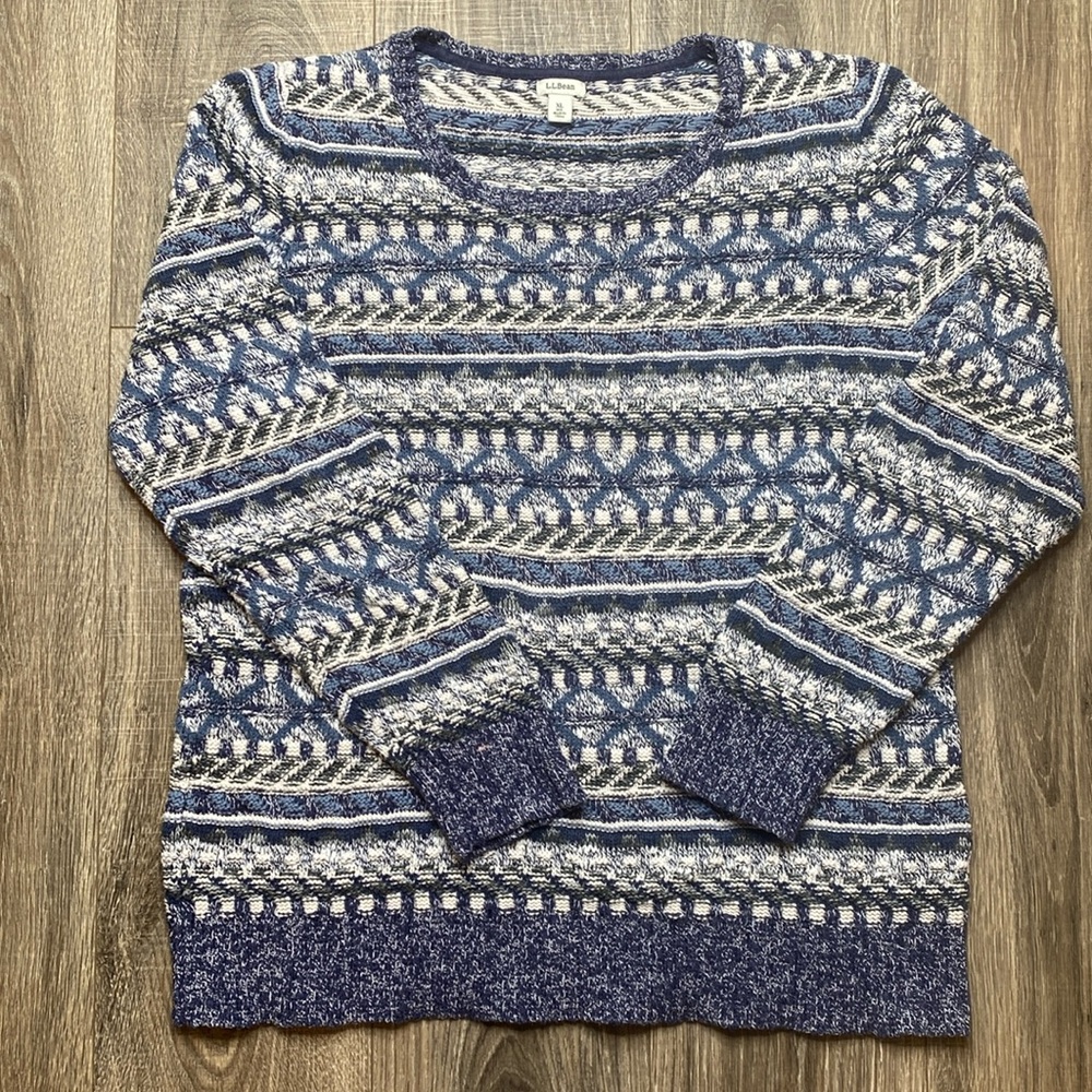 LL Bean chunky knit Fair Isle blue white crewneck sweater, sz XL